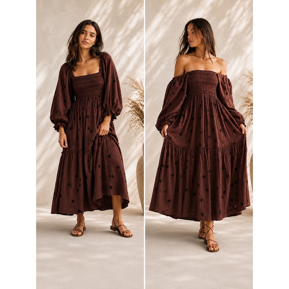 Free People Dahlia Embroidered Maxi Dress Small Burgundy Road Cotton Boho NWT